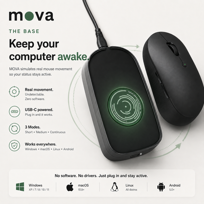 The Base beside a mouse, with its feature list: movement, USB-C power and three modes