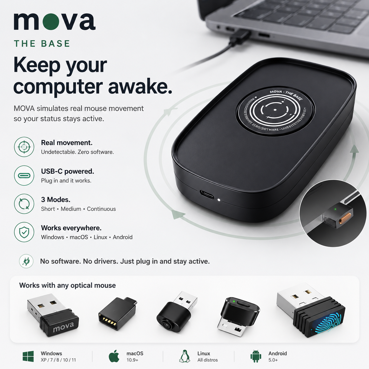 The Base from above with its feature list and the range of optical mice it works with
