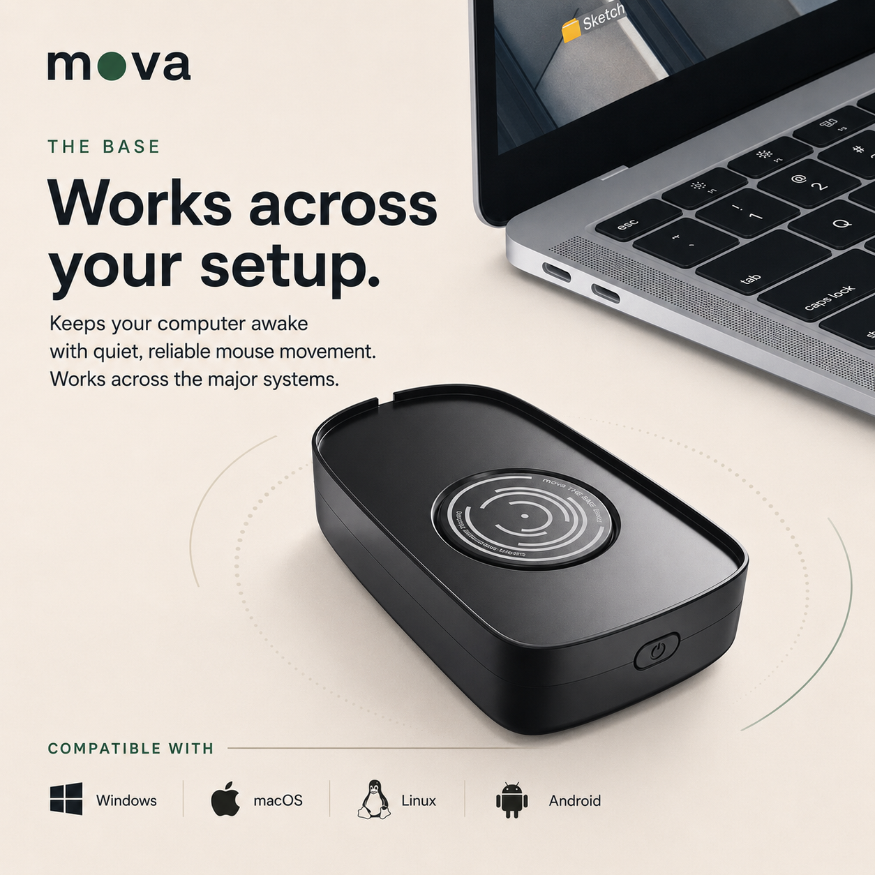 The Base next to a laptop, with the supported systems: Windows, macOS, Linux and Android
