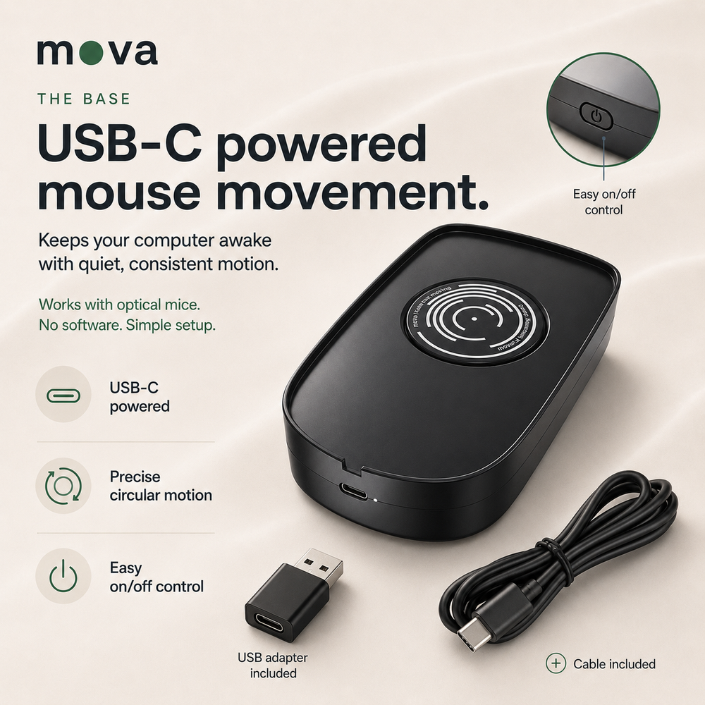 The Base from above with its USB-C cable and USB adapter, and the on/off button